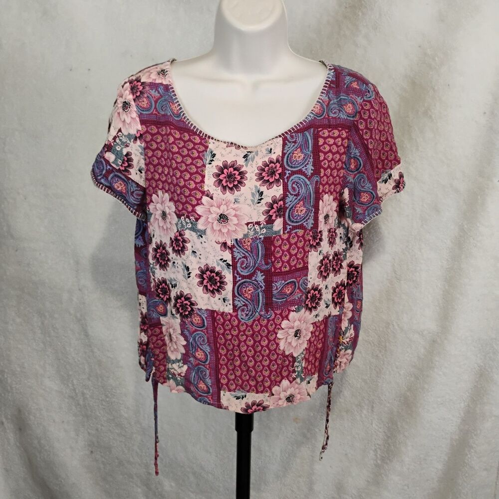 Hollister Boho Patchwork Floral Paisley Short Sleeve Top Small Whipstitch Braids